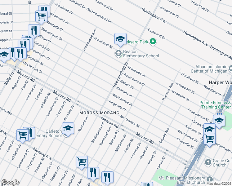map of restaurants, bars, coffee shops, grocery stores, and more near 19240 Beaconsfield Street in Harper Woods
