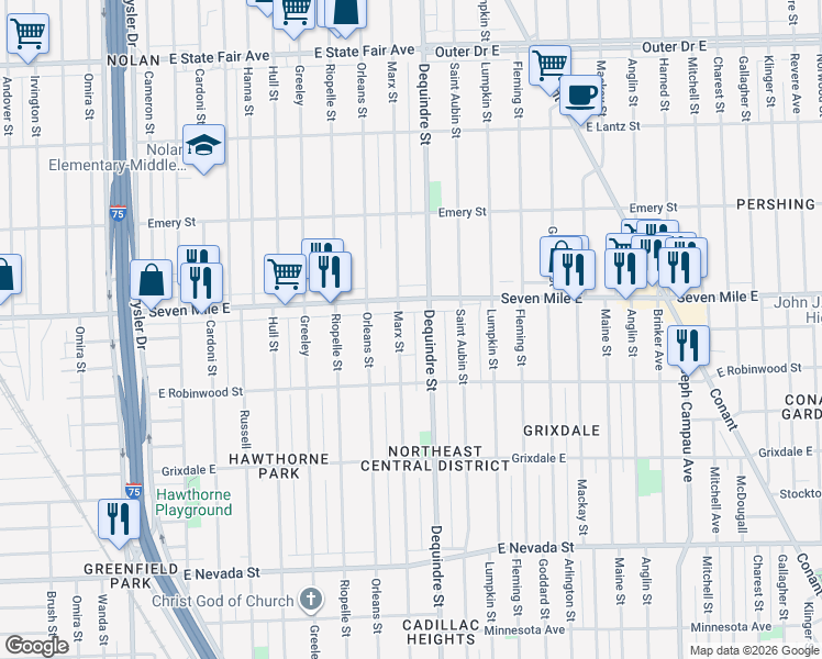 map of restaurants, bars, coffee shops, grocery stores, and more near 18910 Marx Street in Highland Park