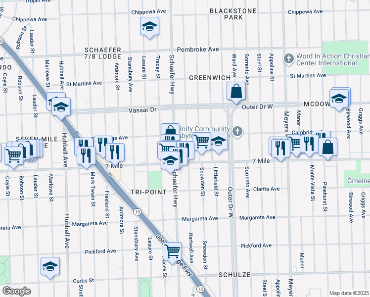 map of restaurants, bars, coffee shops, grocery stores, and more near 19158 Hartwell Avenue in Detroit