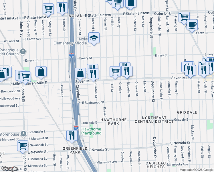 map of restaurants, bars, coffee shops, grocery stores, and more near 18924 Russell in Highland Park