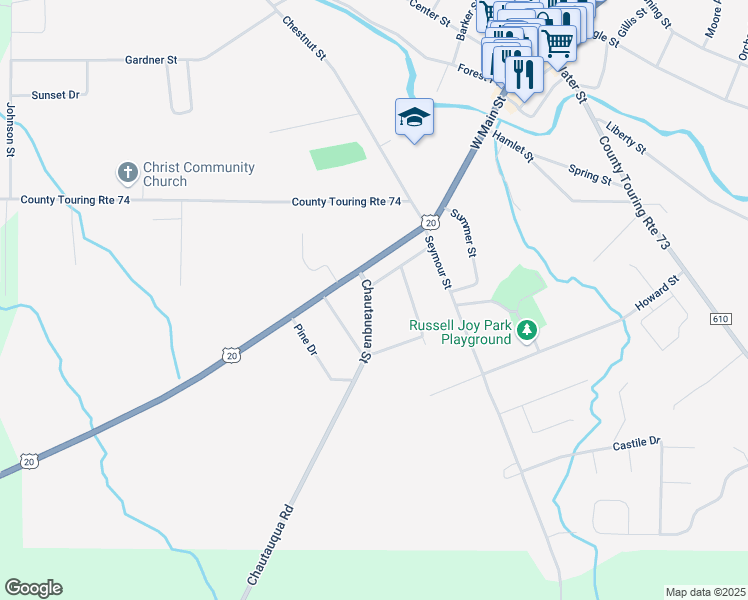 map of restaurants, bars, coffee shops, grocery stores, and more near 22 Chautauqua Street in Fredonia