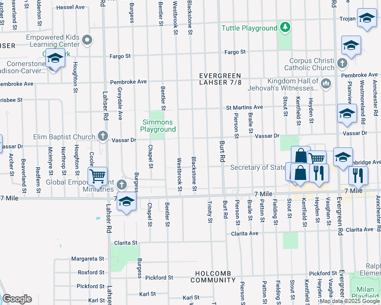 map of restaurants, bars, coffee shops, grocery stores, and more near 19341 Blackstone Street in Detroit