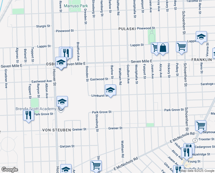 map of restaurants, bars, coffee shops, grocery stores, and more near 18666 Hamburg Street in Detroit