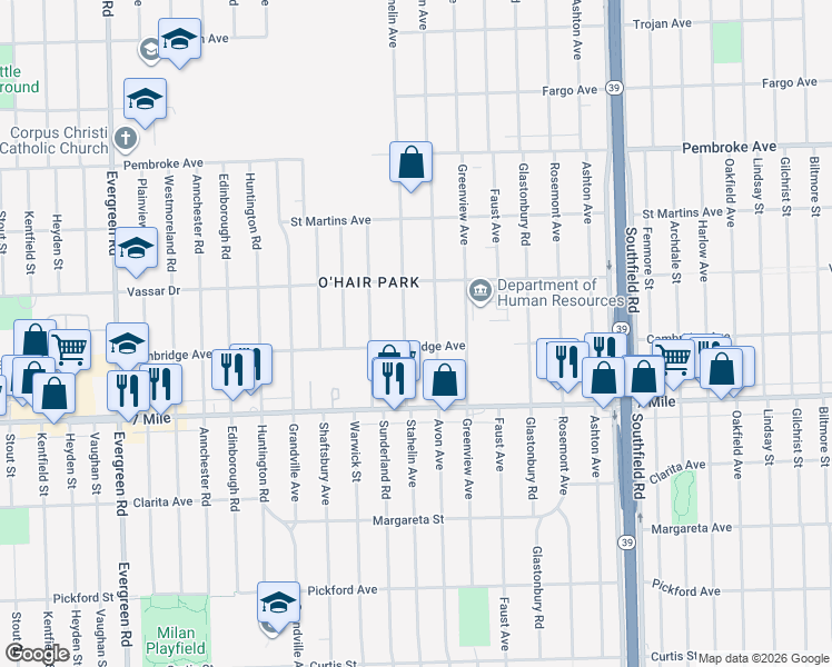 map of restaurants, bars, coffee shops, grocery stores, and more near 19314 Stahelin Avenue in Detroit