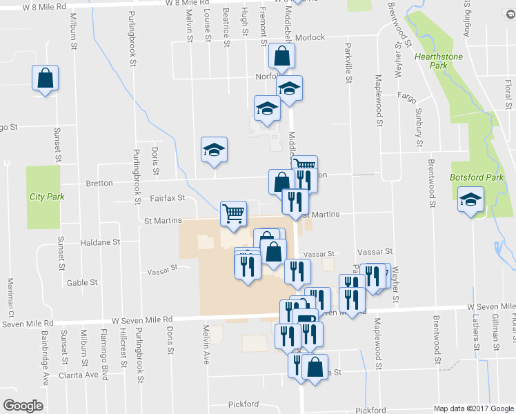 map of restaurants, bars, coffee shops, grocery stores, and more near 29620 Saint Martins Street in Livonia