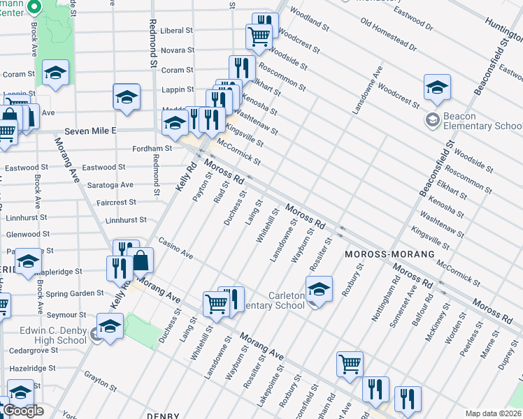 map of restaurants, bars, coffee shops, grocery stores, and more near 12646 Laing Street in Detroit
