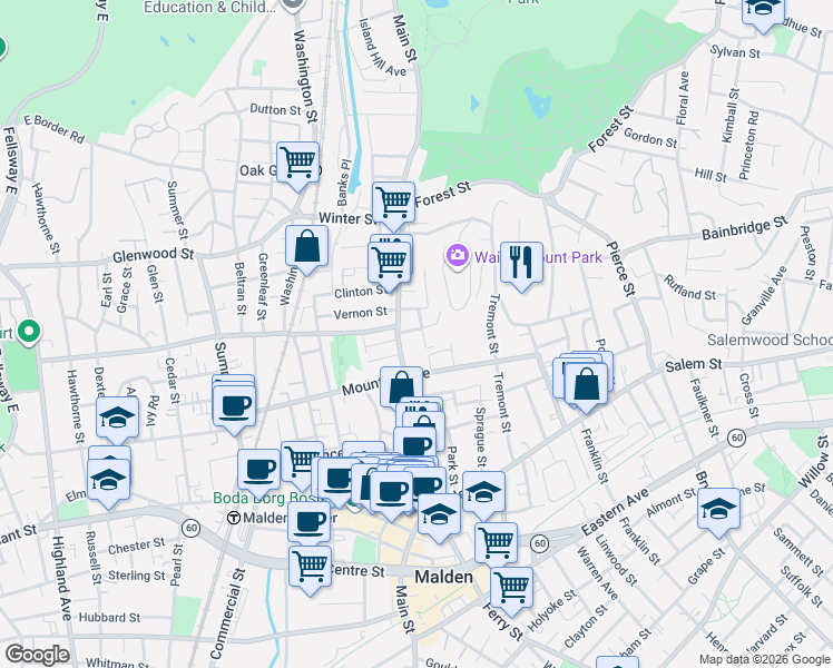 map of restaurants, bars, coffee shops, grocery stores, and more near 52 Crescent Avenue in Malden
