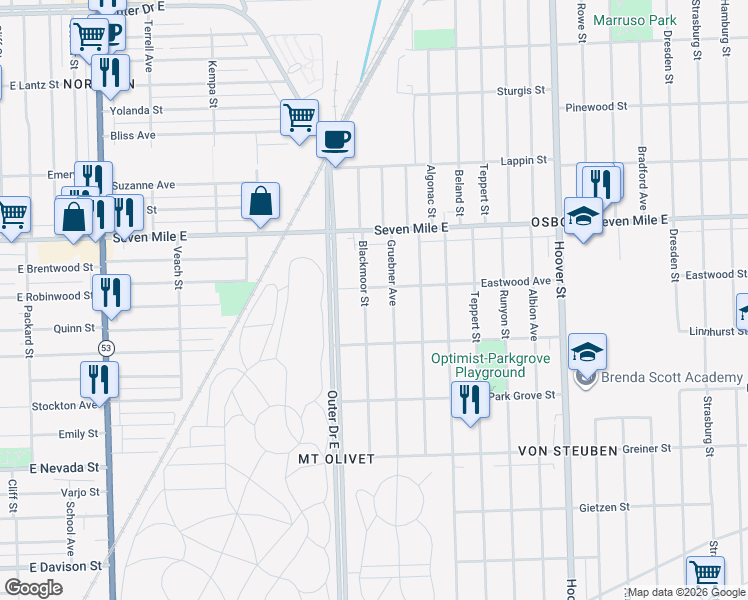 map of restaurants, bars, coffee shops, grocery stores, and more near 18696 Blackmoor Street in Detroit