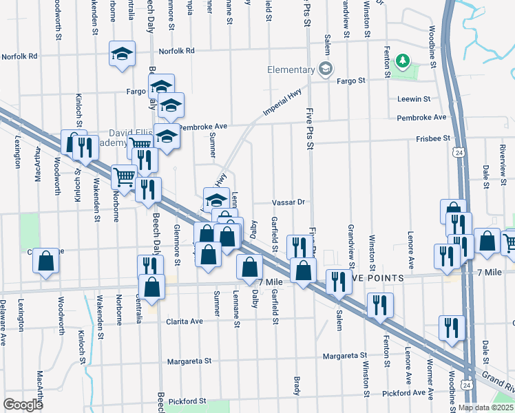 map of restaurants, bars, coffee shops, grocery stores, and more near 19330 Dalby in Redford Charter Township