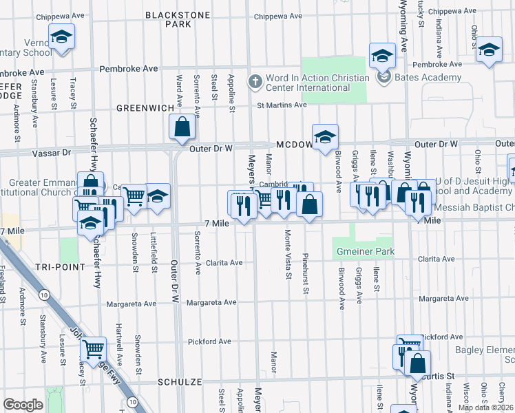 map of restaurants, bars, coffee shops, grocery stores, and more near 19150 Meyers Road in Detroit