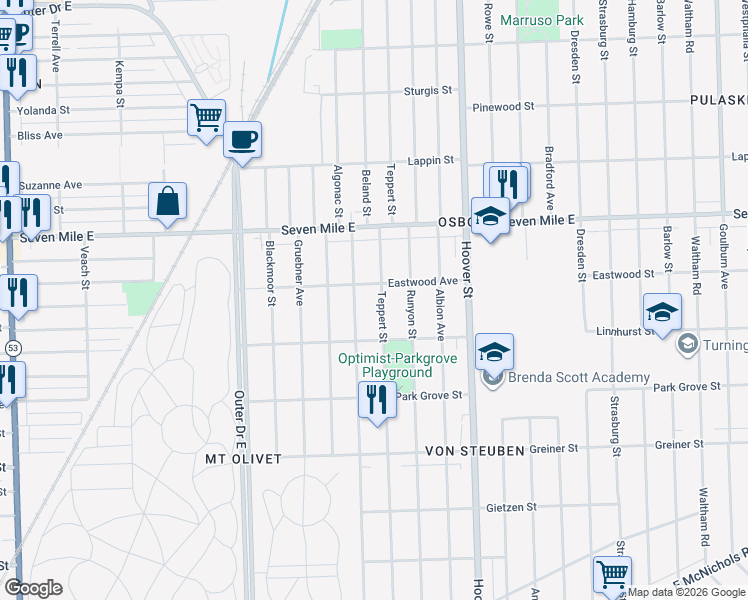 map of restaurants, bars, coffee shops, grocery stores, and more near 18687 Teppert Street in Detroit