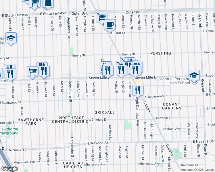 map of restaurants, bars, coffee shops, grocery stores, and more near 18905 Mackay Street in Detroit