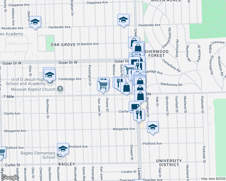 map of restaurants, bars, coffee shops, grocery stores, and more near 19131 Monica Street in Detroit