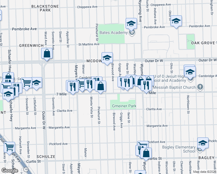 map of restaurants, bars, coffee shops, grocery stores, and more near 19144 Mendota Street in Detroit