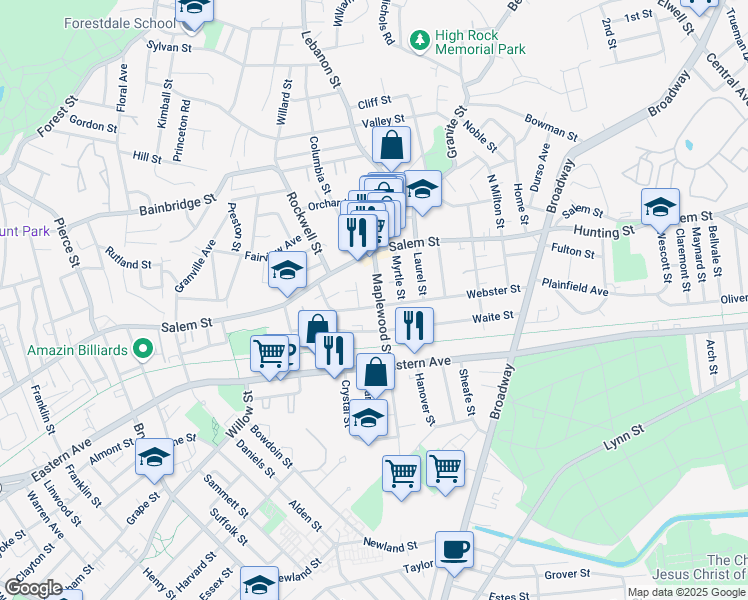 map of restaurants, bars, coffee shops, grocery stores, and more near 45 Maplewood Street in Malden
