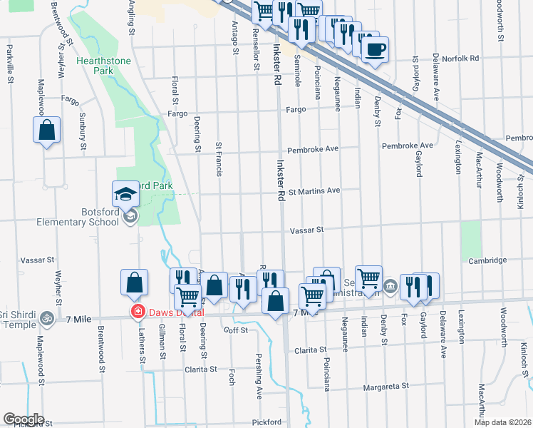 map of restaurants, bars, coffee shops, grocery stores, and more near 19450 Rensellor Street in Livonia
