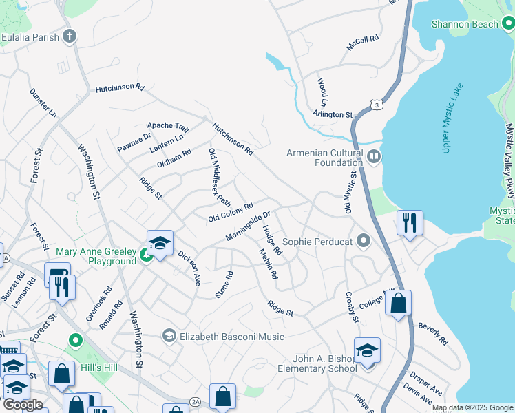 map of restaurants, bars, coffee shops, grocery stores, and more near 6 Old Colony Road in Arlington