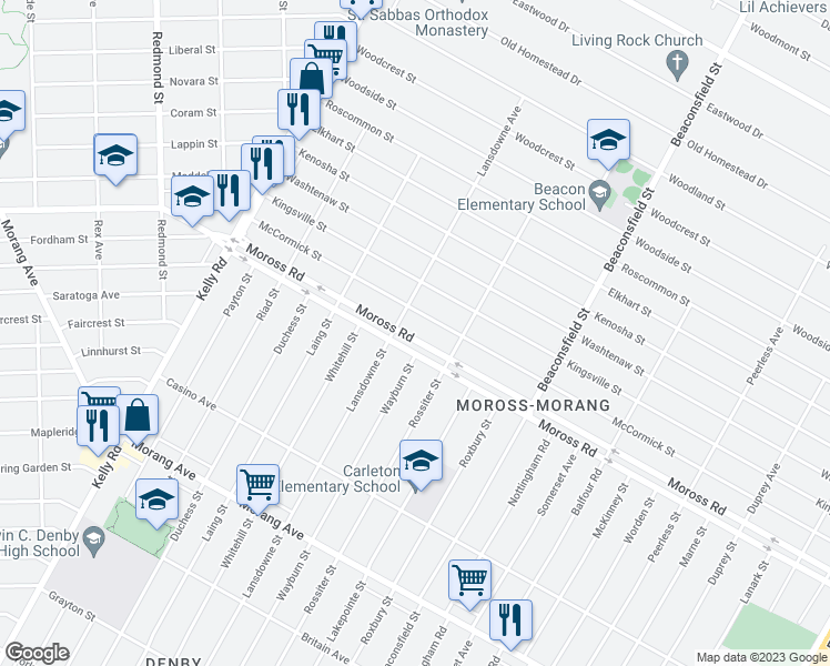 map of restaurants, bars, coffee shops, grocery stores, and more near 19135 Moross Road in Detroit