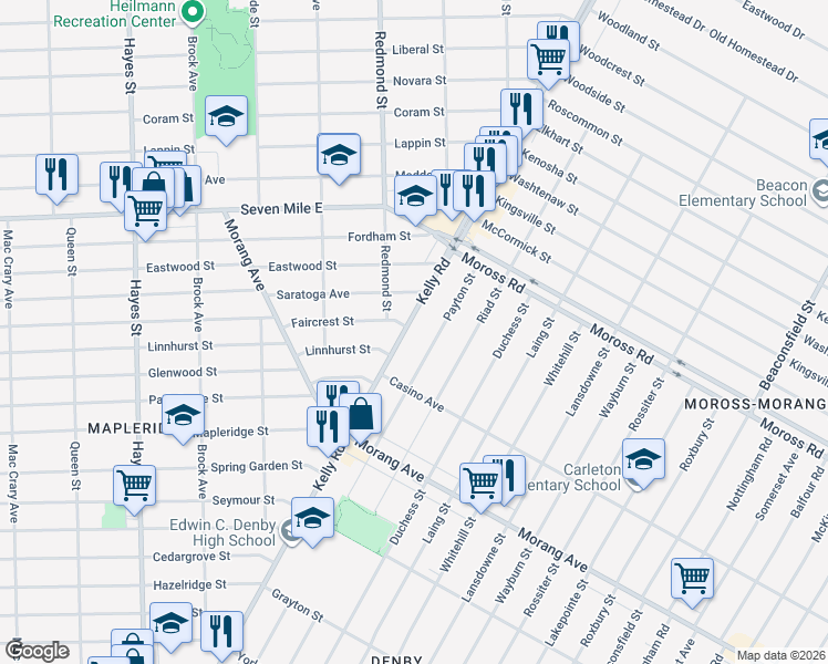 map of restaurants, bars, coffee shops, grocery stores, and more near 18654 Kelly Road in Detroit