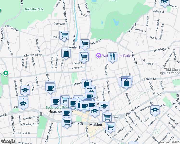 map of restaurants, bars, coffee shops, grocery stores, and more near 54 Crescent Avenue in Malden