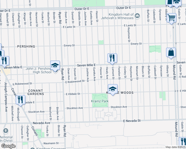 map of restaurants, bars, coffee shops, grocery stores, and more near 18845 Eureka Street in Detroit