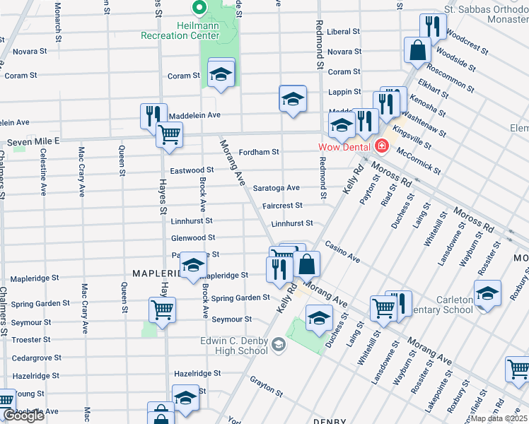 map of restaurants, bars, coffee shops, grocery stores, and more near 18632 Morang Avenue in Detroit