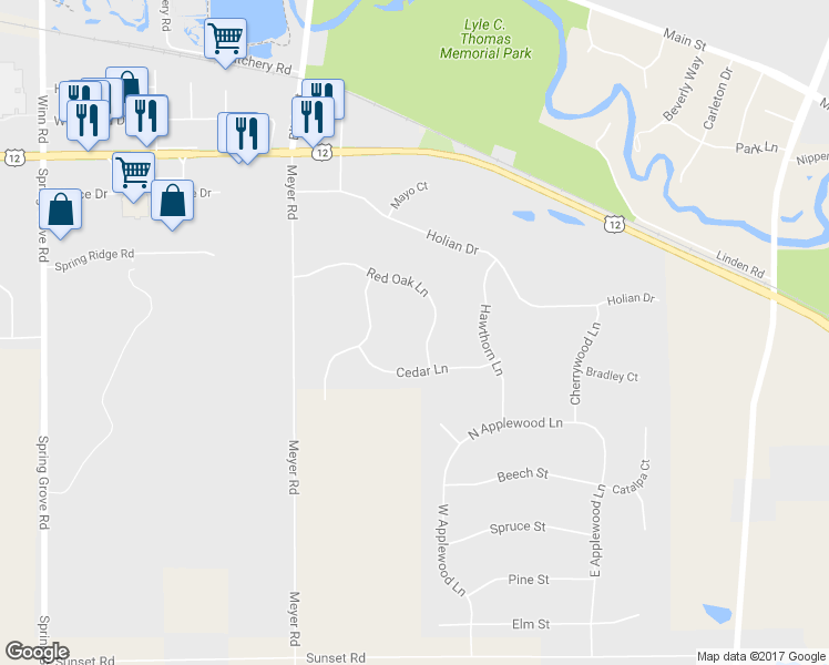 map of restaurants, bars, coffee shops, grocery stores, and more near 1967 Red Oak Lane in Spring Grove