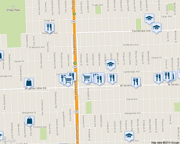 map of restaurants, bars, coffee shops, grocery stores, and more near 19300 Archdale St in Detroit