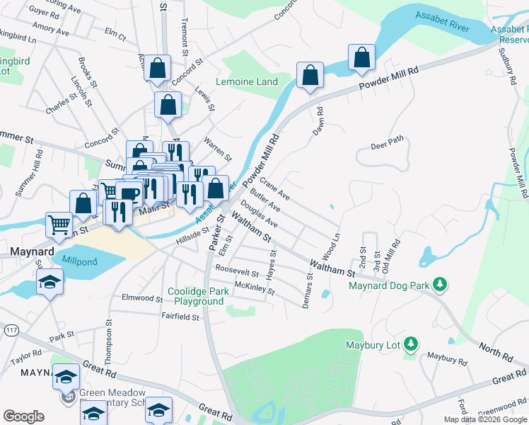 map of restaurants, bars, coffee shops, grocery stores, and more near 18 Douglas Avenue in Maynard
