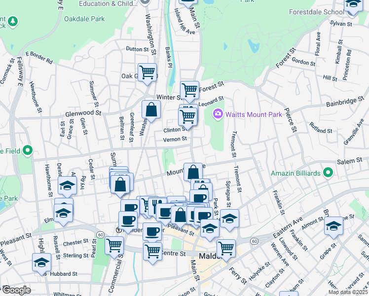 map of restaurants, bars, coffee shops, grocery stores, and more near 16 Clifton Street in Malden
