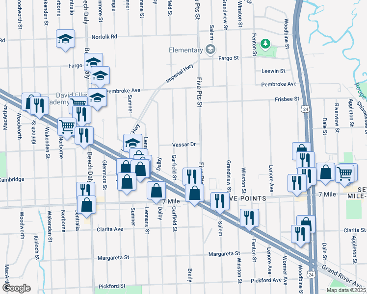 map of restaurants, bars, coffee shops, grocery stores, and more near 19377 Brady in Redford Charter Township