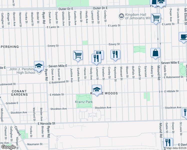 map of restaurants, bars, coffee shops, grocery stores, and more near 18836 Healy Street in Detroit