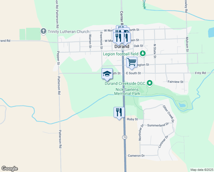 map of restaurants, bars, coffee shops, grocery stores, and more near 200 West South Street in Durand