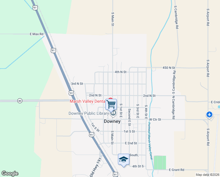 map of restaurants, bars, coffee shops, grocery stores, and more near 70 West 3rd North in Downey