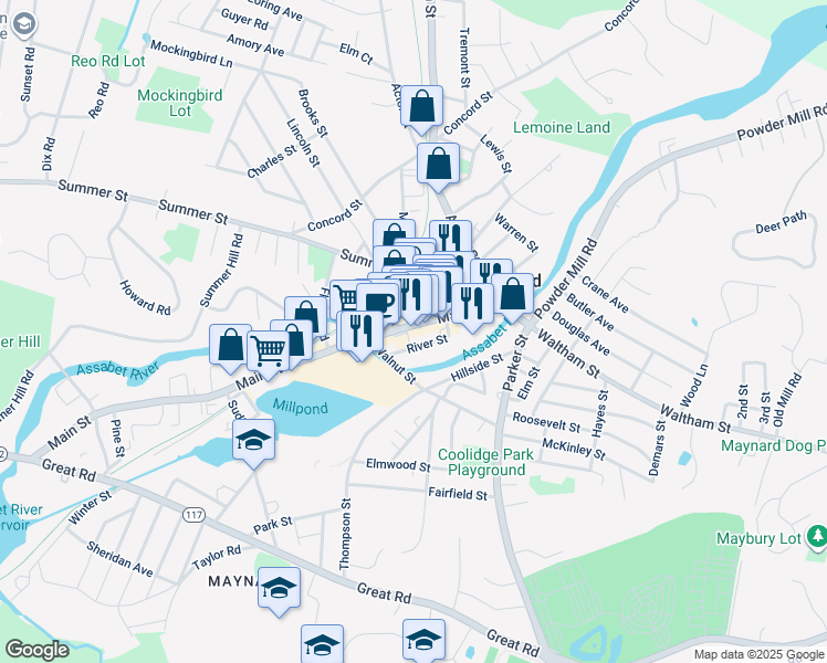 map of restaurants, bars, coffee shops, grocery stores, and more near 58 Main Street in Maynard