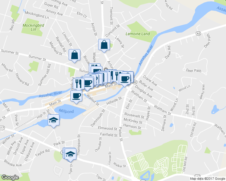 map of restaurants, bars, coffee shops, grocery stores, and more near 22-24 Main Street in Concord
