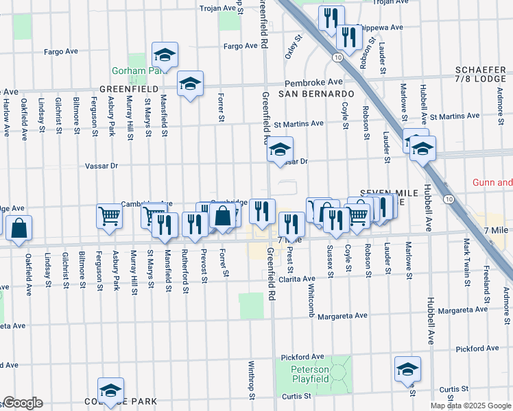 map of restaurants, bars, coffee shops, grocery stores, and more near 19216 Winthrop Street in Detroit