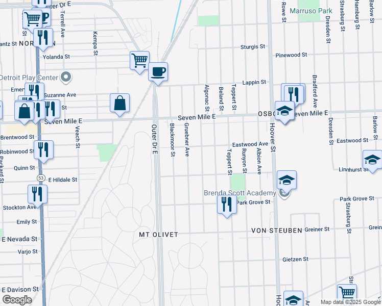 map of restaurants, bars, coffee shops, grocery stores, and more near 18696 Gruebner Avenue in Detroit
