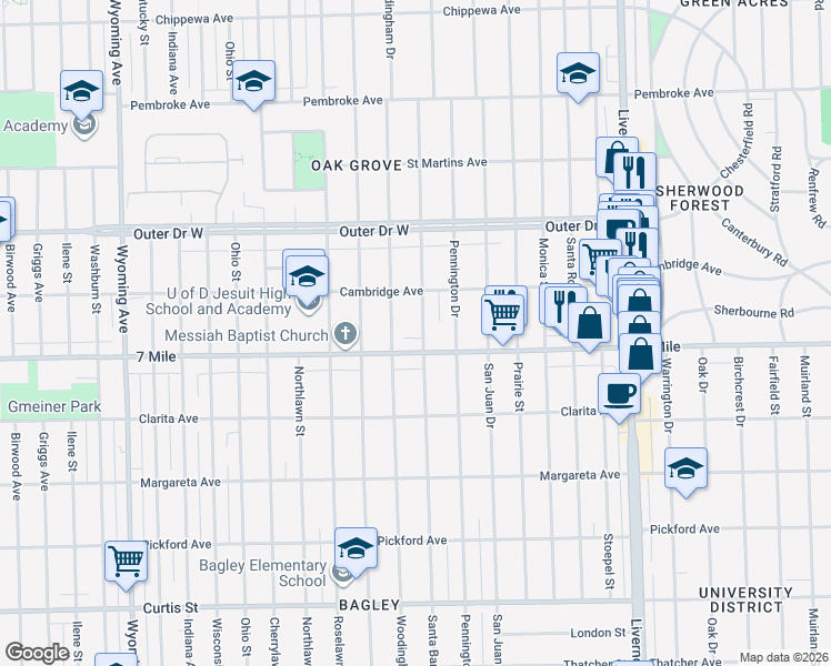 map of restaurants, bars, coffee shops, grocery stores, and more near 19137 Santa Barbara Drive in Detroit