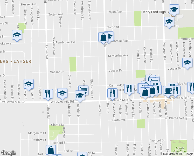 map of restaurants, bars, coffee shops, grocery stores, and more near 19341 Trinity Street in Detroit