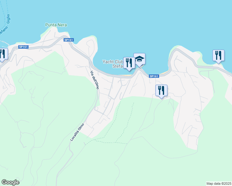 map of restaurants, bars, coffee shops, grocery stores, and more near 165 Via Cristoforo Colombo in Porto Santo Stefano