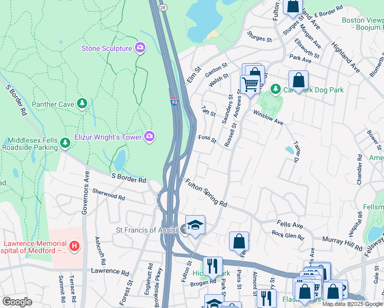 map of restaurants, bars, coffee shops, grocery stores, and more near 645 Fellsway West in Medford