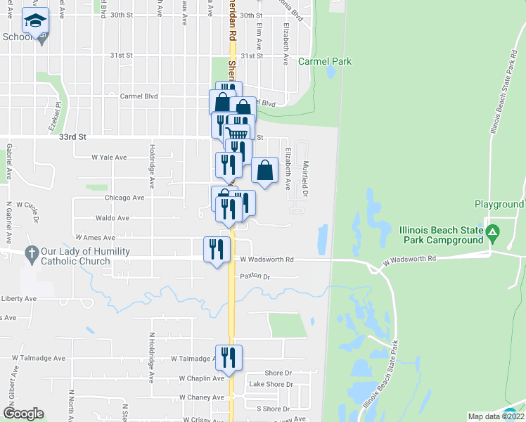 map of restaurants, bars, coffee shops, grocery stores, and more near 3441 Sheridan Road in Zion