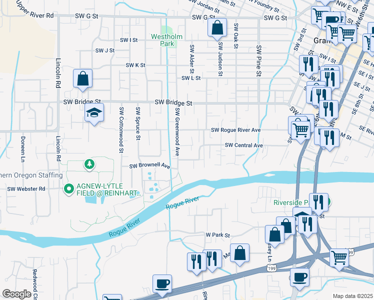 map of restaurants, bars, coffee shops, grocery stores, and more near 1124 Southwest Ballinger Drive in Grants Pass