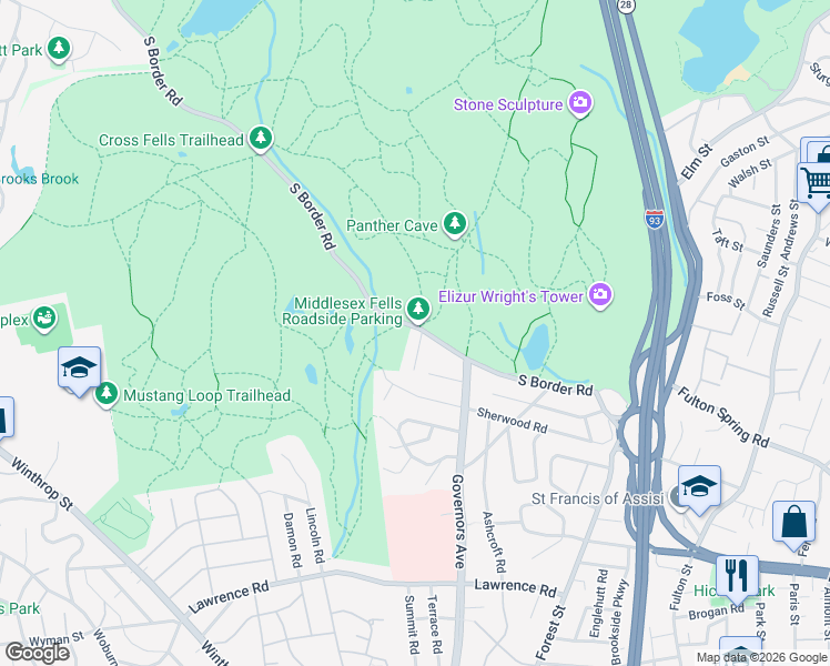 map of restaurants, bars, coffee shops, grocery stores, and more near 132 South Border Road in Medford