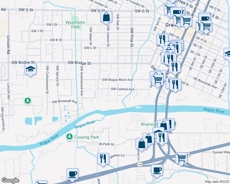 map of restaurants, bars, coffee shops, grocery stores, and more near 1214 Southwest Oak Street in Grants Pass