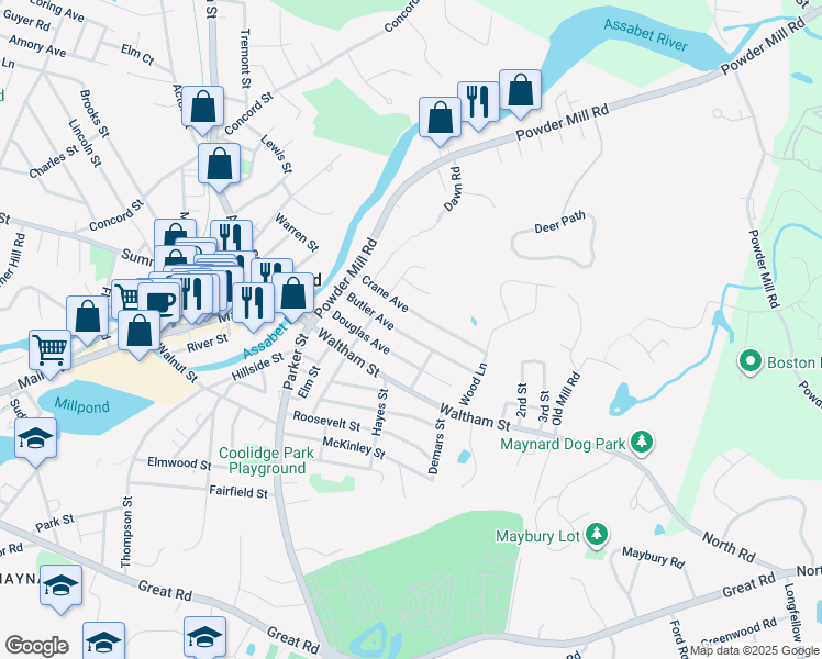 map of restaurants, bars, coffee shops, grocery stores, and more near 34-36 Butler Avenue in Maynard