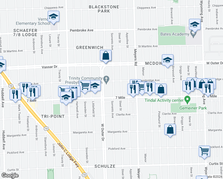 map of restaurants, bars, coffee shops, grocery stores, and more near 19157 Sorrento Street in Detroit