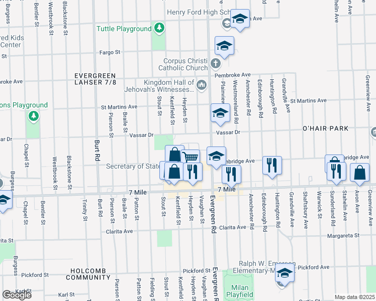 map of restaurants, bars, coffee shops, grocery stores, and more near 19320 Votrobeck Drive in Detroit