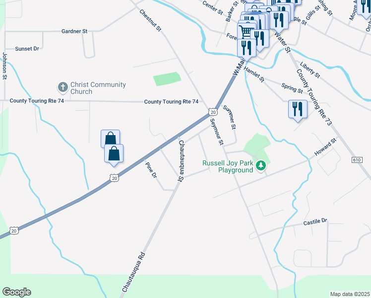 map of restaurants, bars, coffee shops, grocery stores, and more near 22 Chautauqua Street in Fredonia
